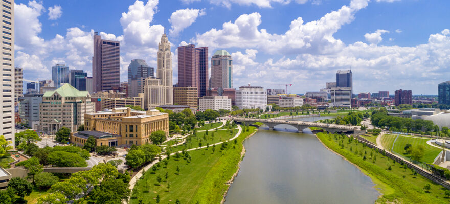 An aerial shot of the Downtown Columbus skyline.