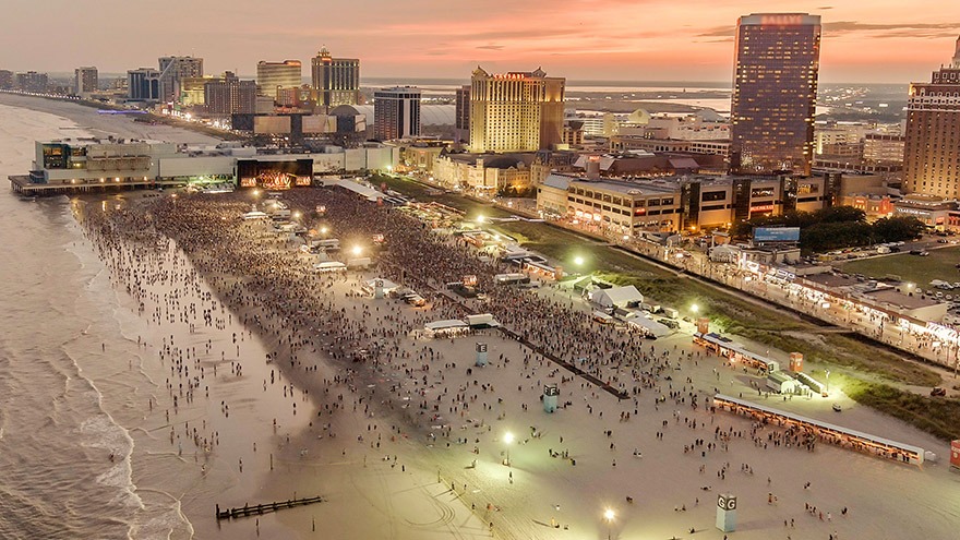 A series of skyscrapers on the beach in Atlantic City at sunset