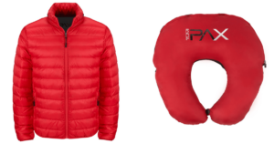 A red puffer jacket that can convert into a red travel pillow