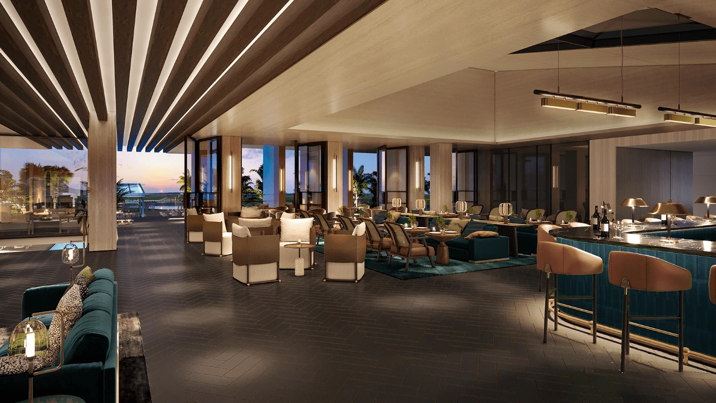 A rendering of the lounge of VEA Newport Beach. The floor, ceiling and chairs are earthtones, while couches and rugs are dark teal