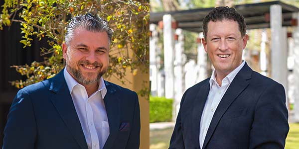 Two portraits of Fabio Marigliano and Morton Johnston. Marigliano is a man with combed black hair and a greying beard. Johnston is a white man with curly brown hair