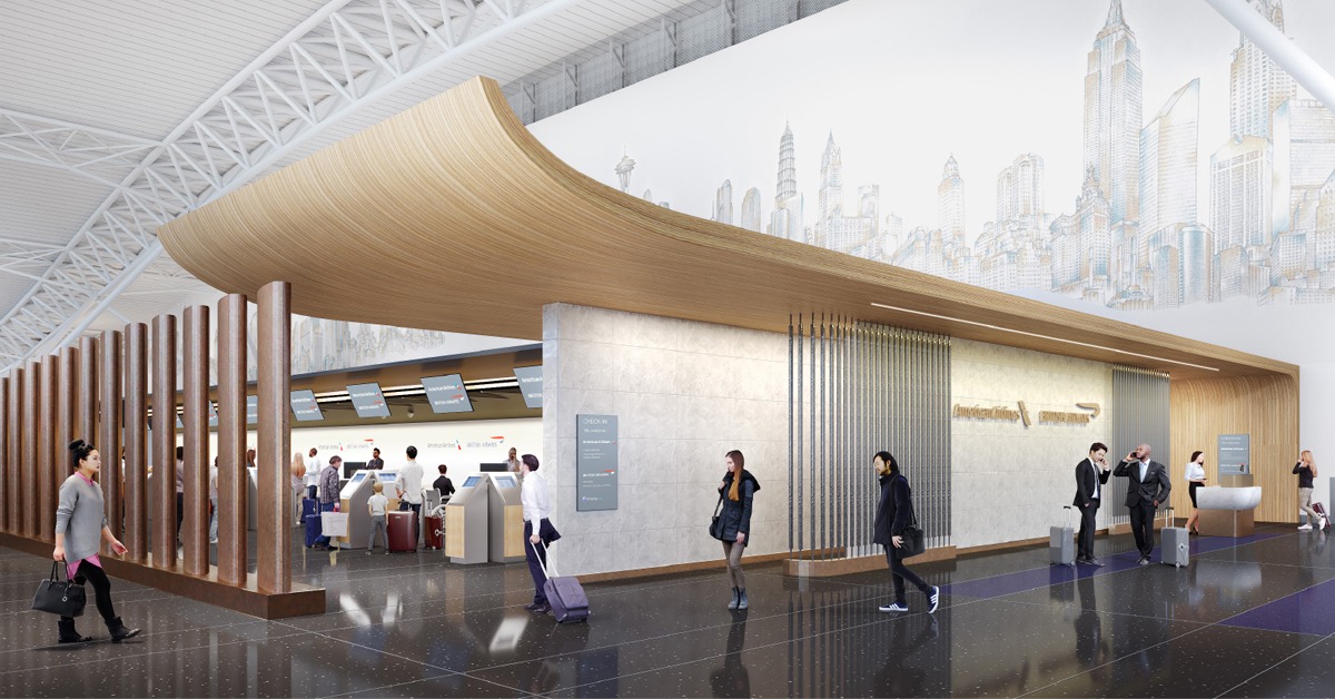A 3D render of the check in area for the new terminal at JFK Airport