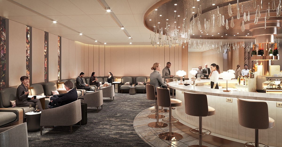 A champagne bar for American and British Airway's lounge. The walls, floor and bar are tan, while the chairs and carpet are grey