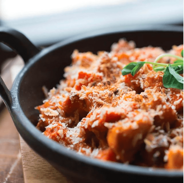 A plate of meatless casserole from The Lodge at Woodloch