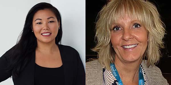 Two portraits of Courtney Conching and Shauna Nakamura. Conching is an Asian woman with long black hair and a black blouse. Nakamura is a white woman with short blonde hair and a grey sweater