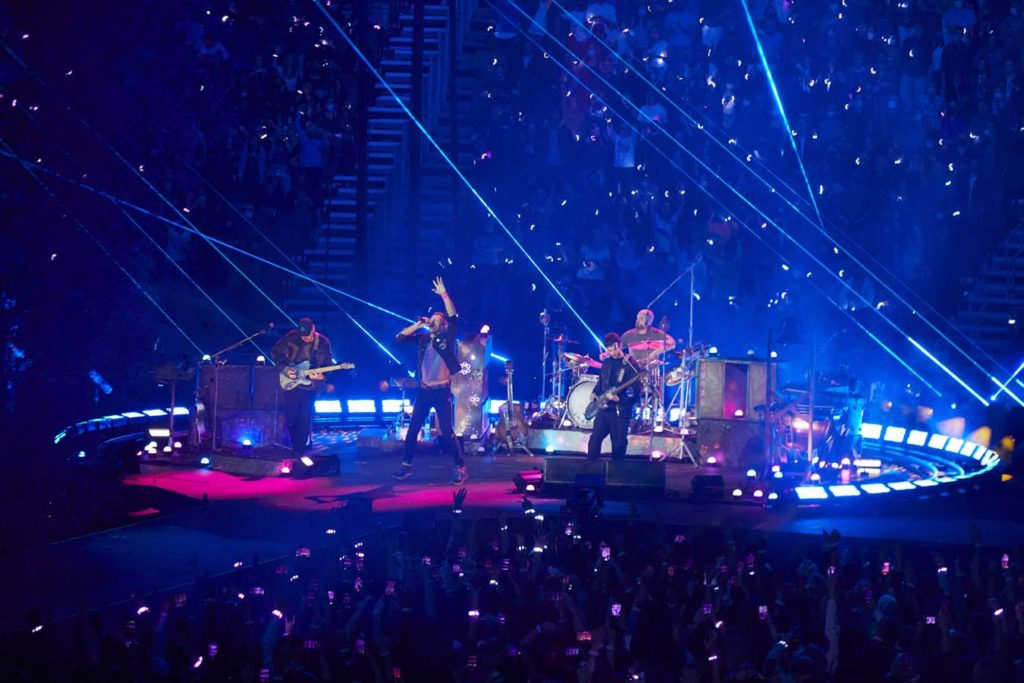 Coldplay performing at the Climate Pledge Arena in Seattle, Washington
