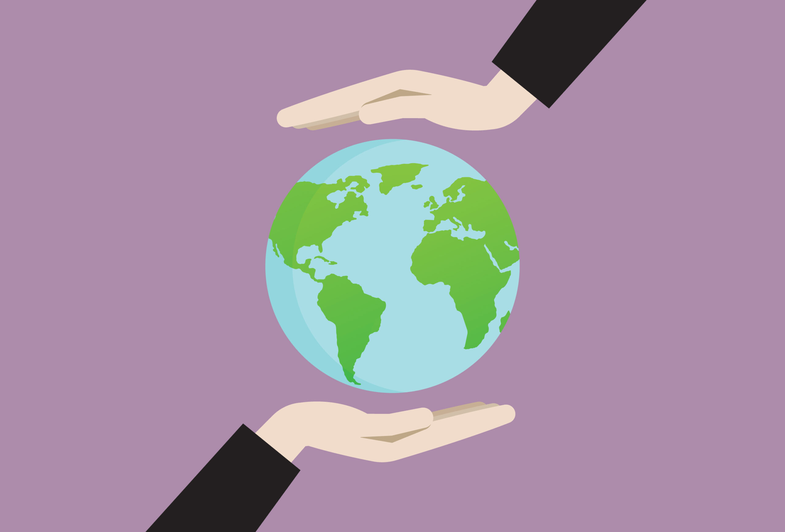 A vector illustration of two hands holding the Earth