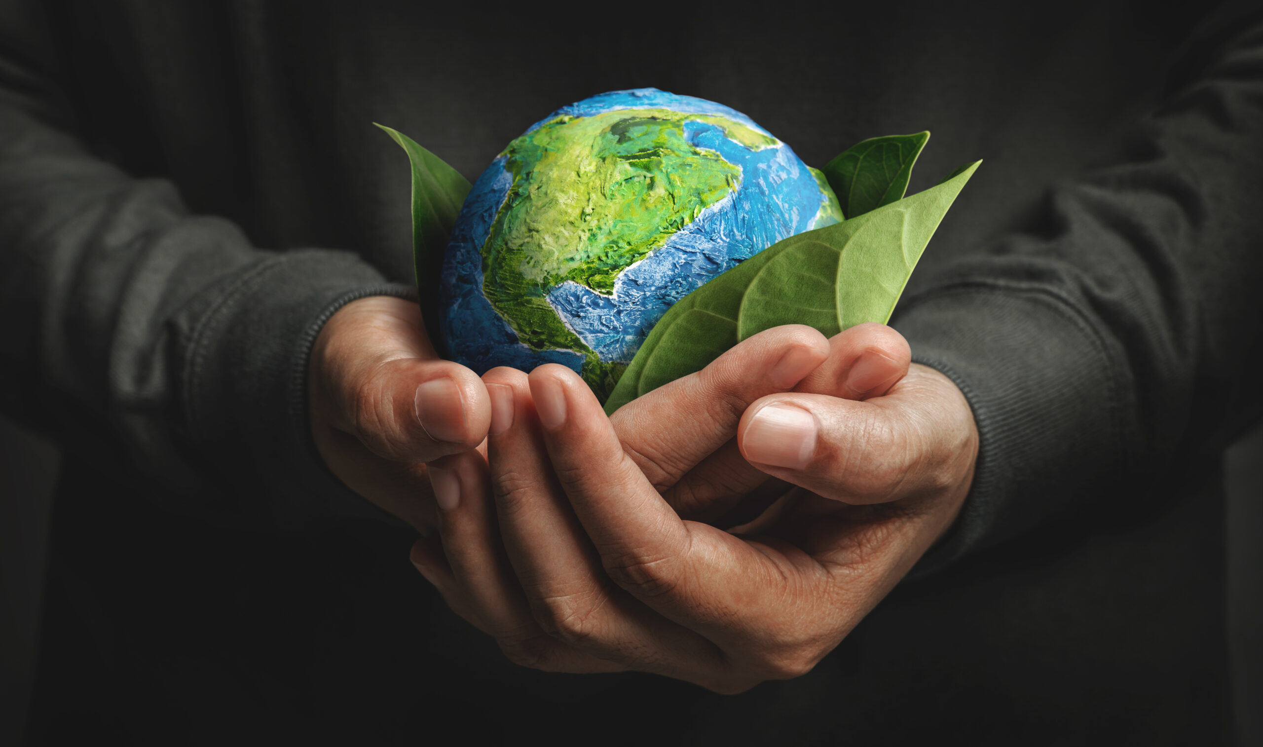 A person hold a papier-mache Earth and some green leaves