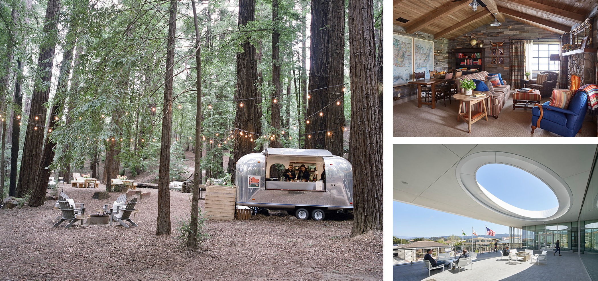 Three images. First: an outdoor meeting space in the Redwoods with fairy lights and an Airstream. Second: the interior of the Alisal Guest Ranch, a homey cabin with armchairs. Third: a deck at the Monterey Convention Center, covered by a protruding roof with a circle cut out.