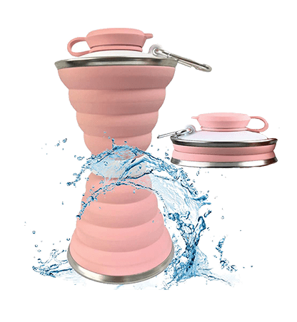 A pink collapsible water bottle shaped like an hourglass