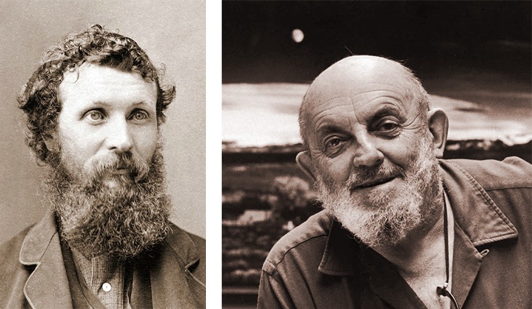 Two sepia-tone portraits of John Muir and Ansel Adams. Muir is a white man with curly hair and a long beard, and Adams is an older bald white man with a white beard.