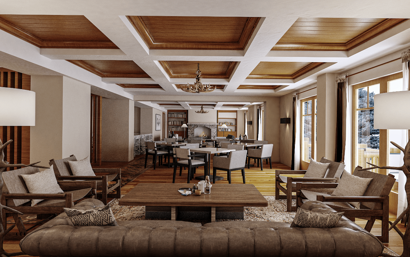 The Ritz-Carlton, Bachelor Gulch Club Lounge. Wood floors and ceiling inserts, a brown couch and wooden chairs make the area feel light and homey.