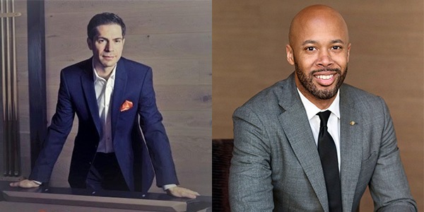 Two portraits of Sam Selvi and Charles Williams, II. Selvi is a white man in a blue suit, and Williams is a bald black man in a grey suit.