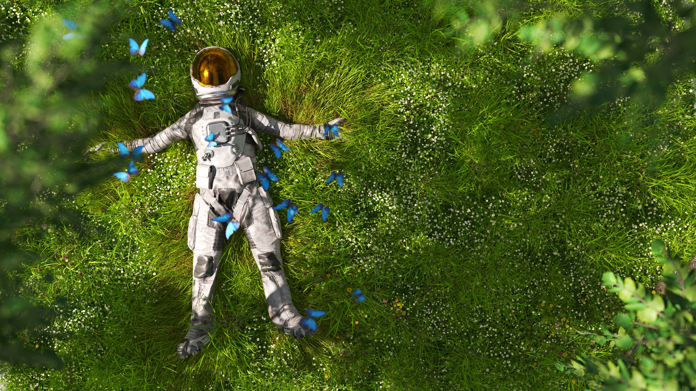 A 3D render of an astronaut laying in a field of grass surrounded by blue butterflies.