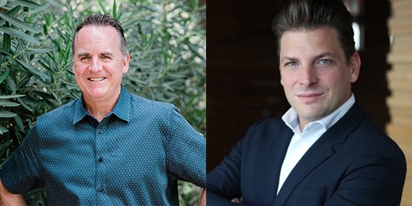 Two portraits of Lance Marrin and Vincent De Croock. They are both white men, one in a blue collared shirt and the other in a black suit.