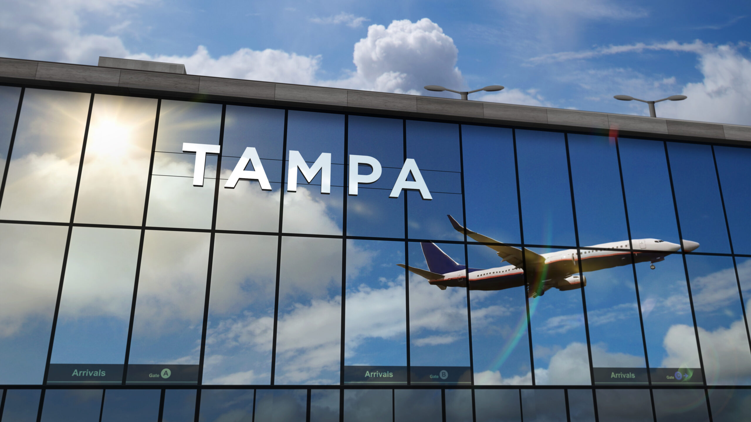 The Tampa Airport, with an image of a plane reflected on the side.
