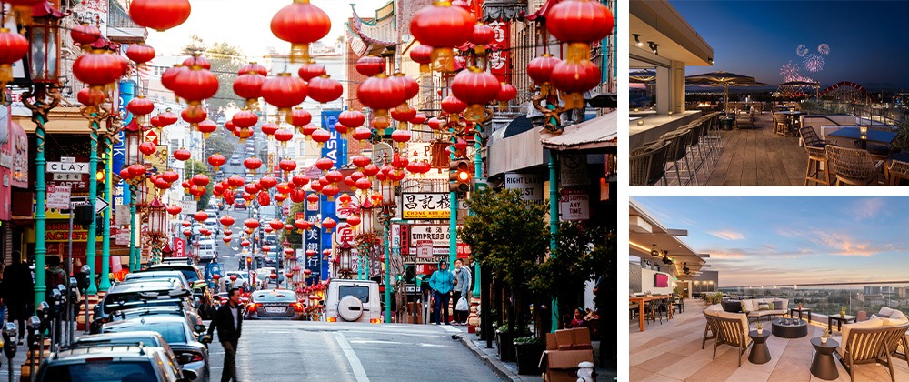 Chinatown, San Francisco (left); rooftop of Westin Anaheim Resort (bottom right); JW Marriott Anaheim Resort (top right)