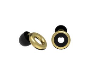 A pair of earplugs with a gold loop on the end.