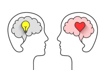 A graphic showing two head outlines with brains, one has a lightbulb and one has a heart.