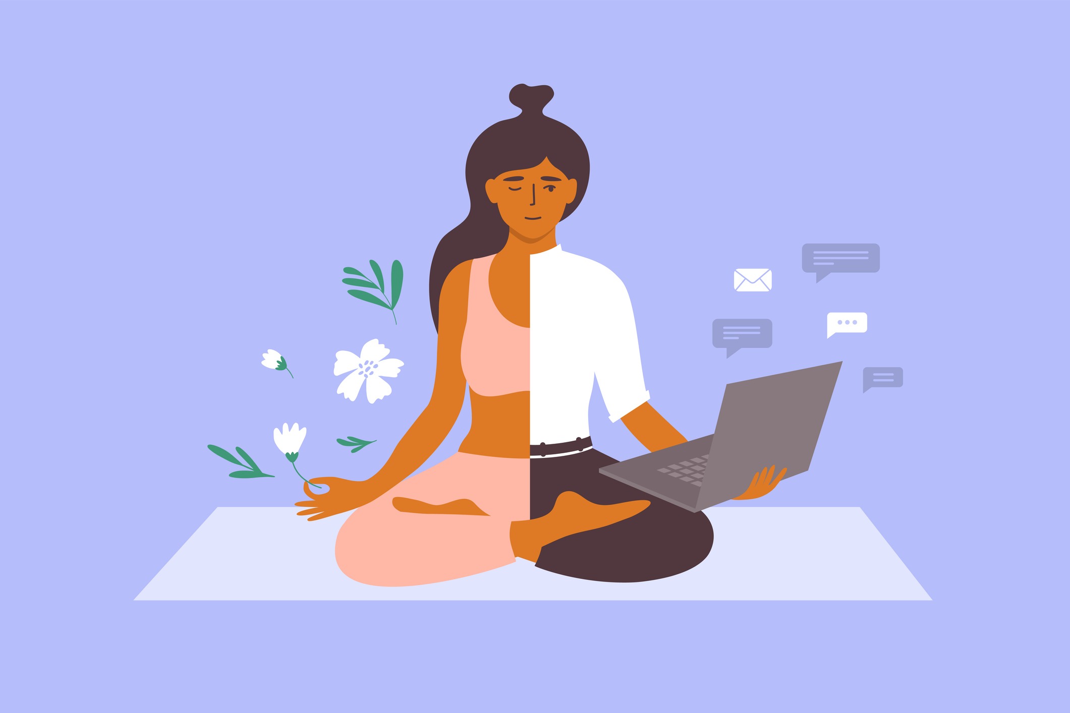 A vector image of a woman meditating and looking at her laptop.