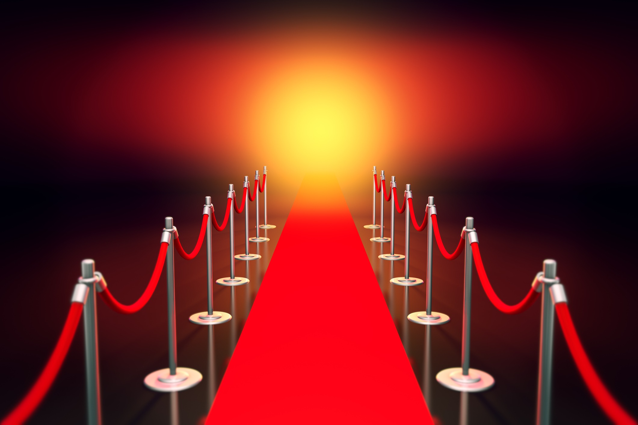 A CGI image of a red carpet with ropes on either side,
