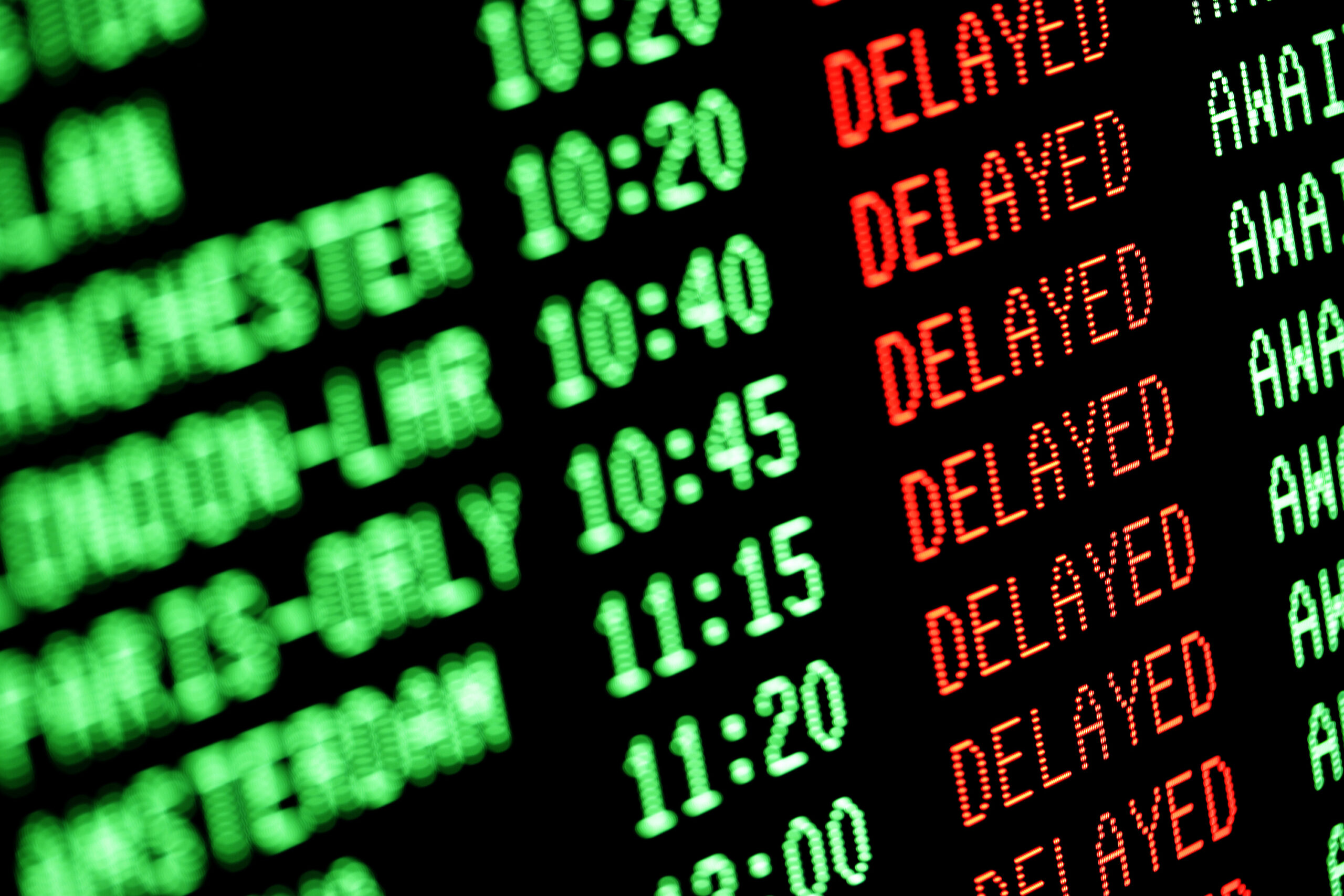 A stock image showing multiple flights being delayed on a schedule.