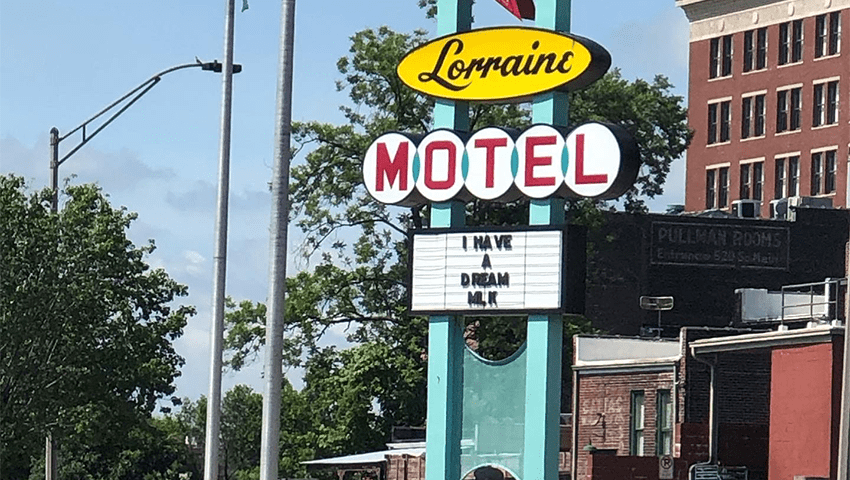 A midcentury-style sign for the Lorraine Motel.