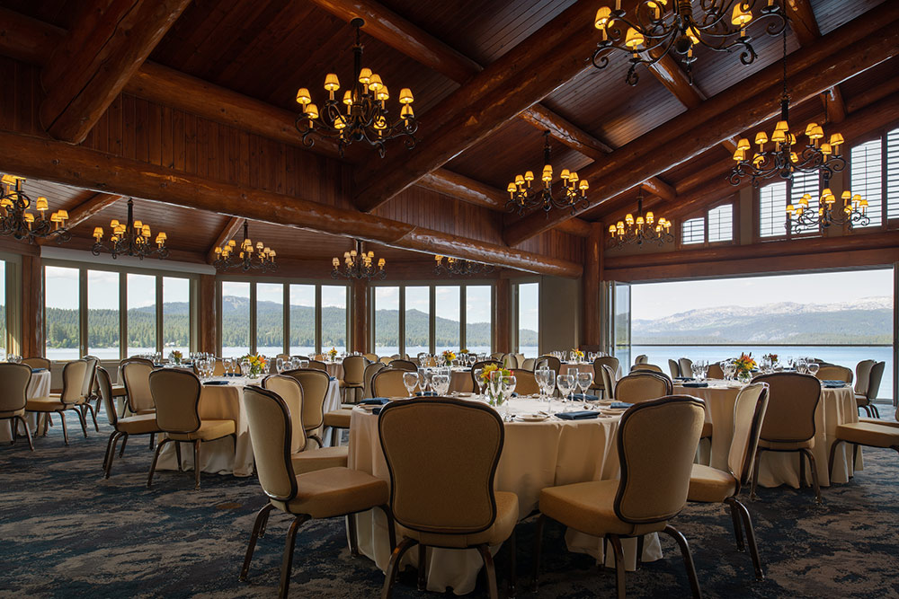 upper pavilion space with view of mountains at shore lodge in mccall, idaho