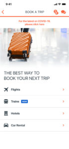 Screenshot of CWT app with 4 sections: flights, trains, hotels, car rental s