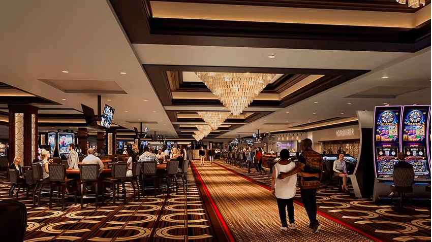 The planned interior of Horseshoe Las Vegas. The casino uses earth tones, wood ceiling panels and yellow chandeliers.