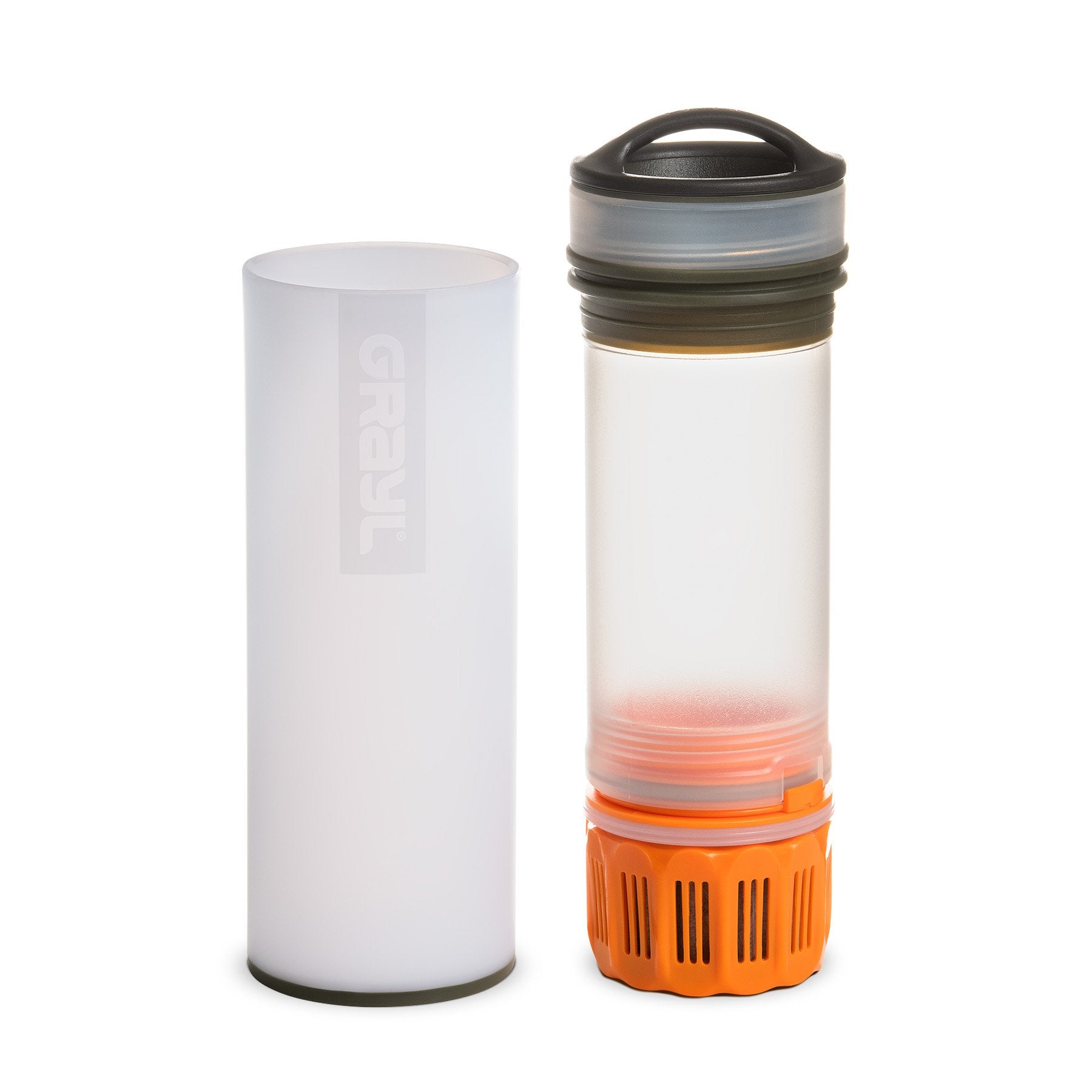 A two-piece clear water bottle with a large orange filter