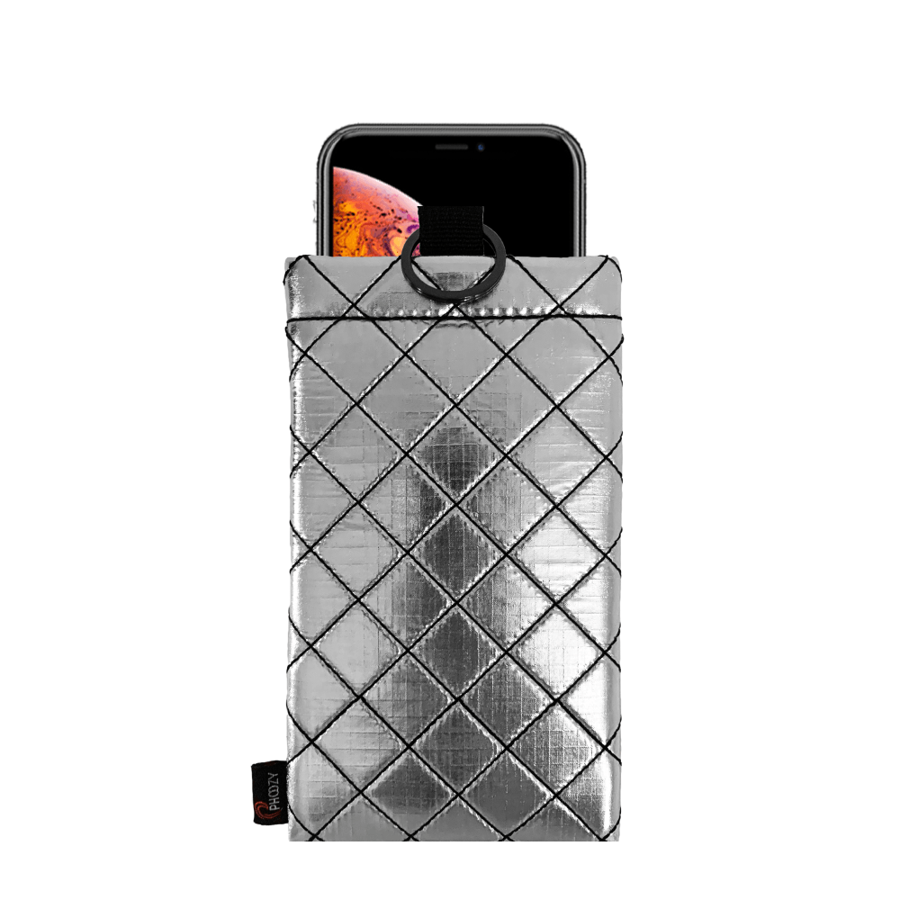 A reflective thermal pouch for smart phones. It has a diamond-shaped stitching pattern.