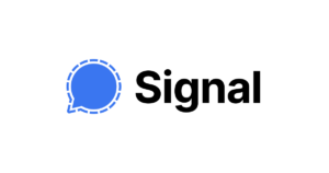 signal logo with white background, black text on the left and blue speech bubble on the right