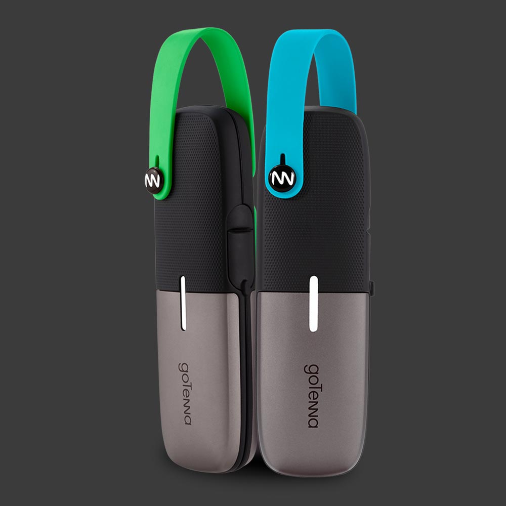 A hotspot device from goTenna that has a smooth, oblong shape and a colorful rubber handle.