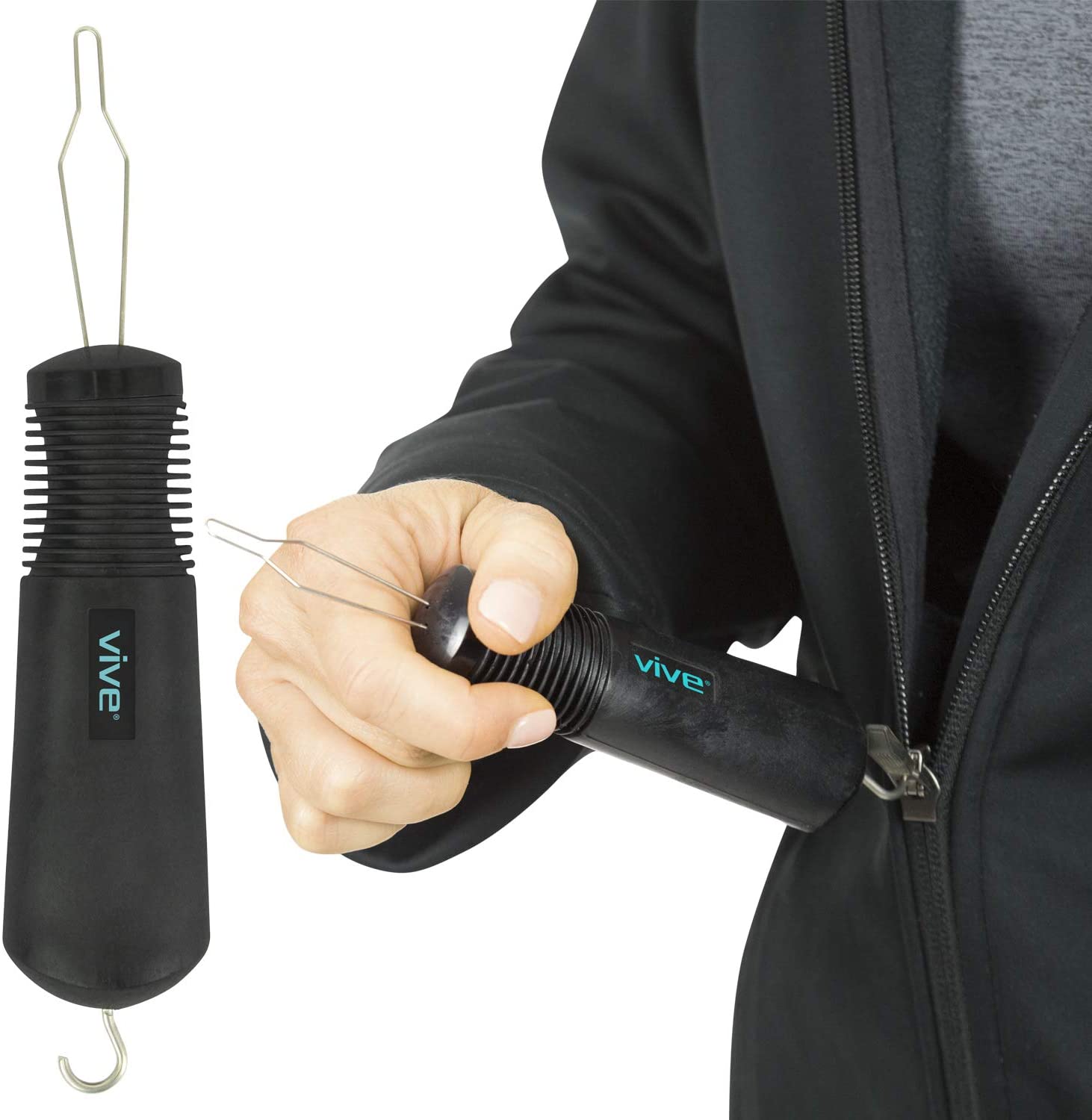 A black handheld device with a hook on one end and a loop on the other to assist with pulling zippers