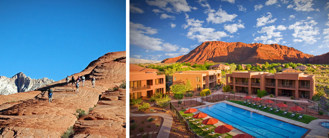 two images: on left, group hiking Slick Rock on Red Mountain in Arizona; on right, wide shot of Red Mountain Resort in Arizona