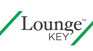 lounge key logo with black text, four green stripes and white background