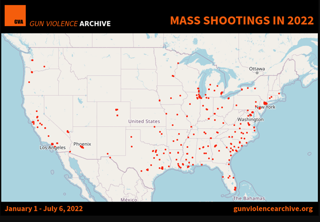 illustration of all mass shootings that have taken place in 2022, as of July