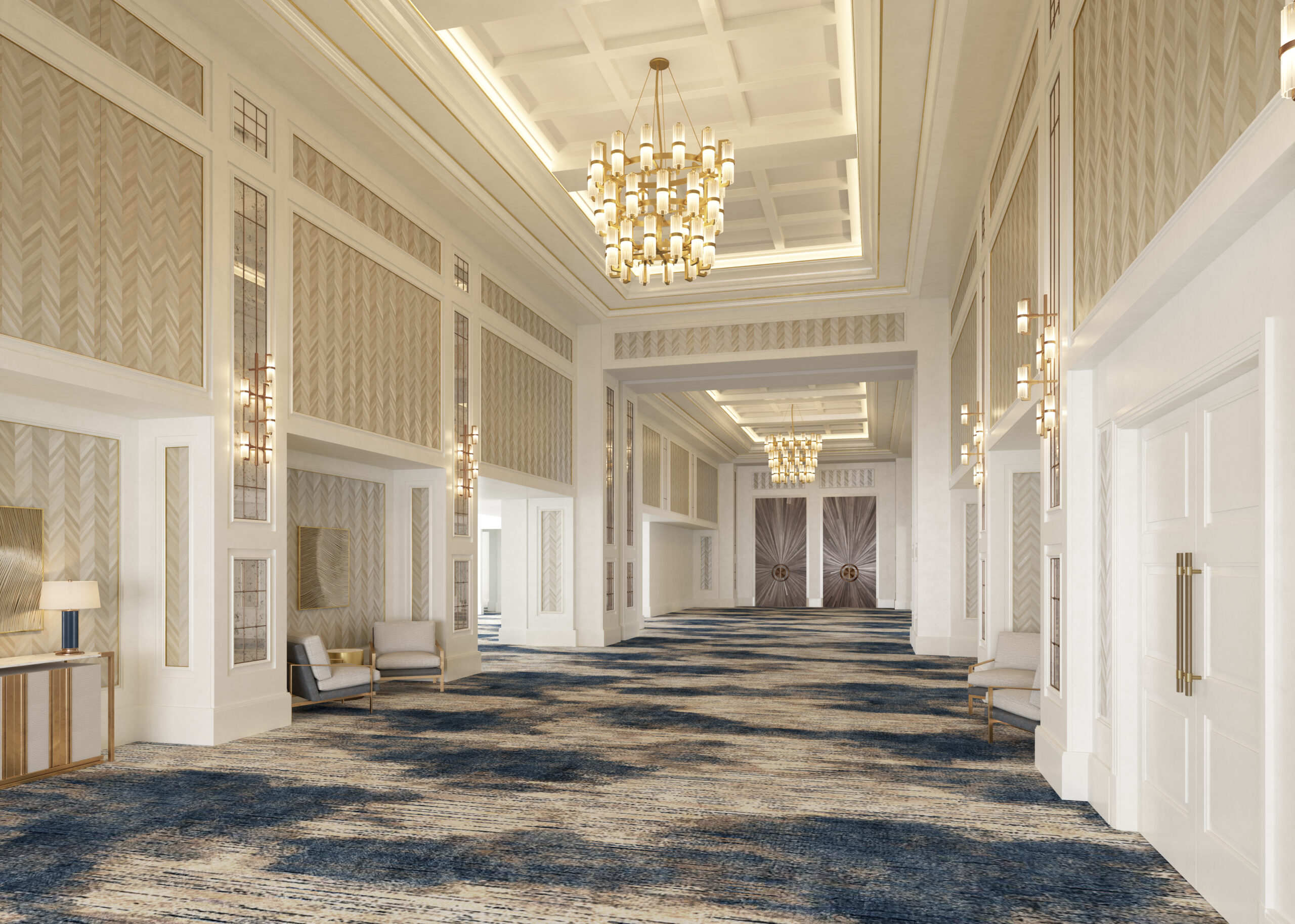 The Promenade of The Langham, Boston. The paneled walls are cream and white
