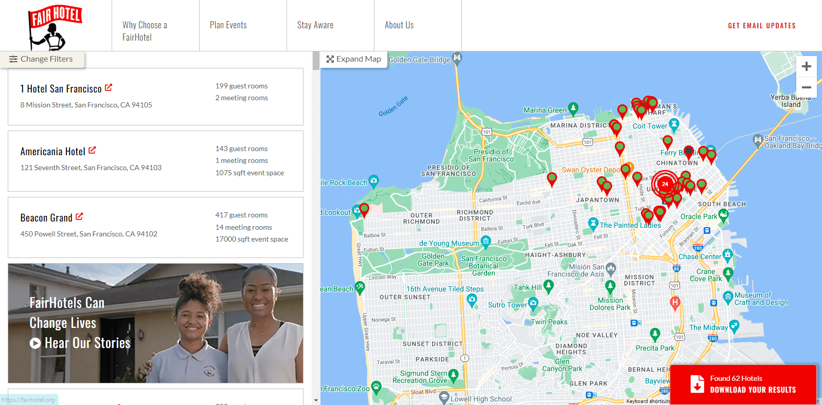 A screenshot of the Fair Hotel search function showing unionized hotels in San Francisco