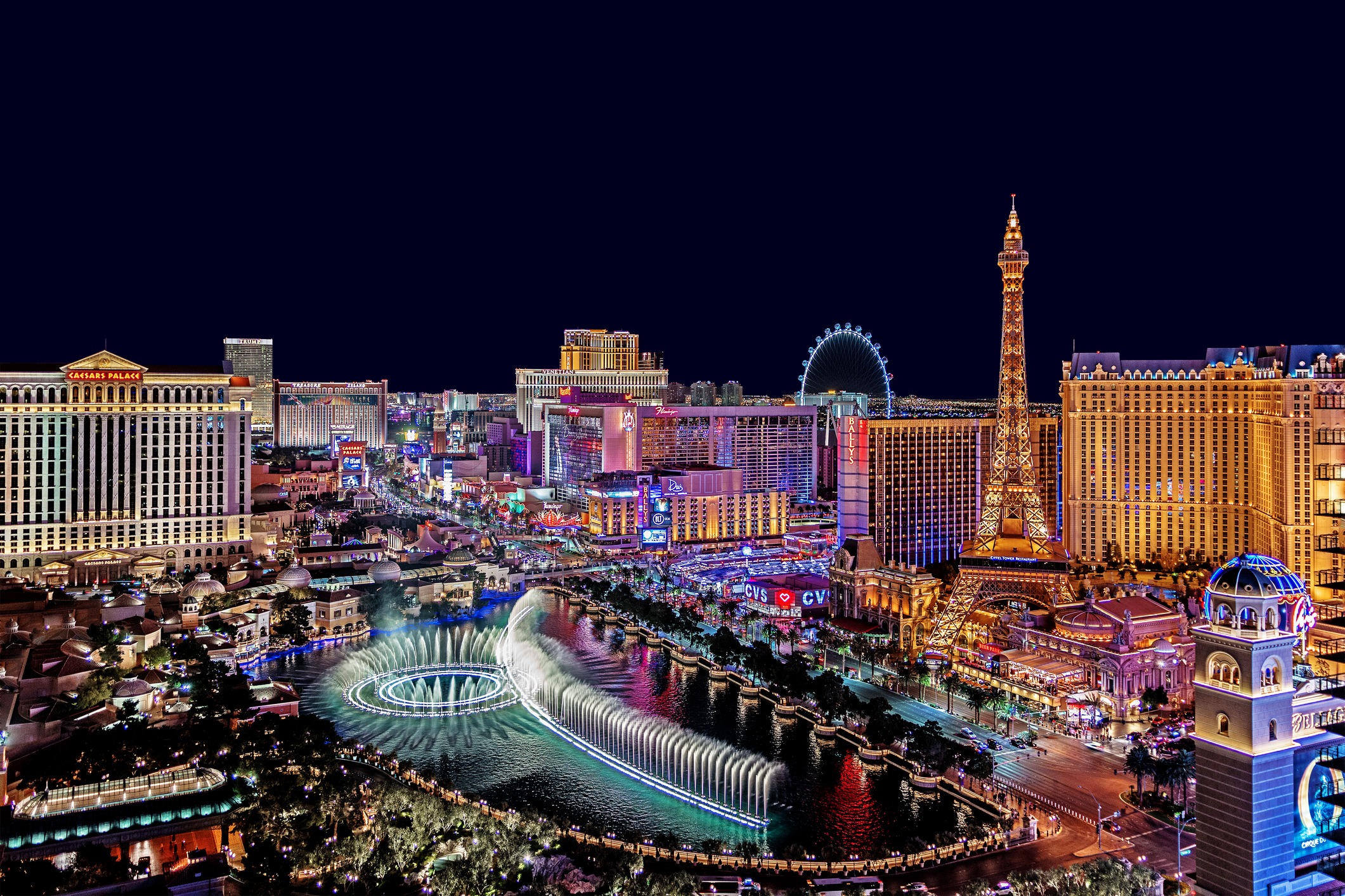 The famous Las Vegas Strip with the Bellagio Fountain. The Strip is home to the largest hotels and casinos in the world.