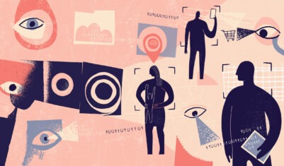 illustration depicting mass surveillance and thin line between privacy and security