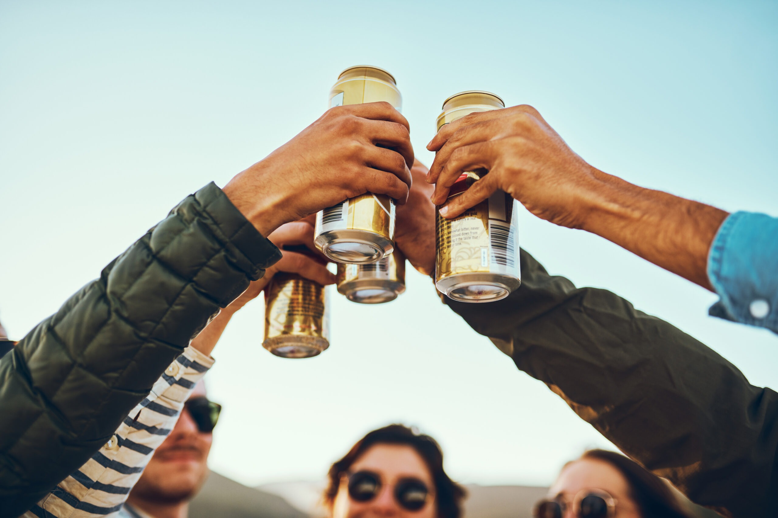 Low angle shot of a group of young friends cheersing with beers while enjoying their day out on the beach