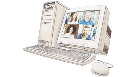 old computer with four people on video call on screen