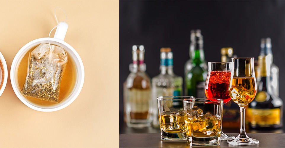 two images: on left, a cup of tea; on right, four glasses of alcohol