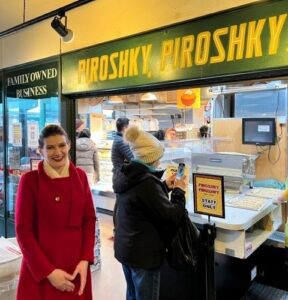 image of olga sagan in front of her shop, Piroshky Piroshky