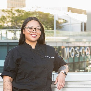 roxanne galang wearing black chef shirt