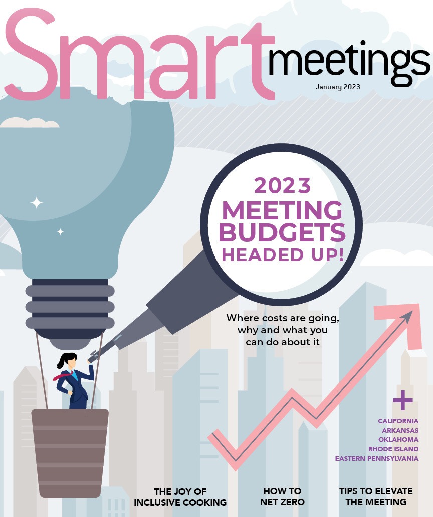 Smart Meetings January 2023 cover, businesswoman floating in an air balloon looking out of a large microscope to read the words "2023 meeting budgets headed up!" beyond