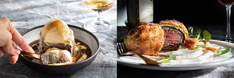 close up shots of sticky toffee pudding on left and beef wellington on right