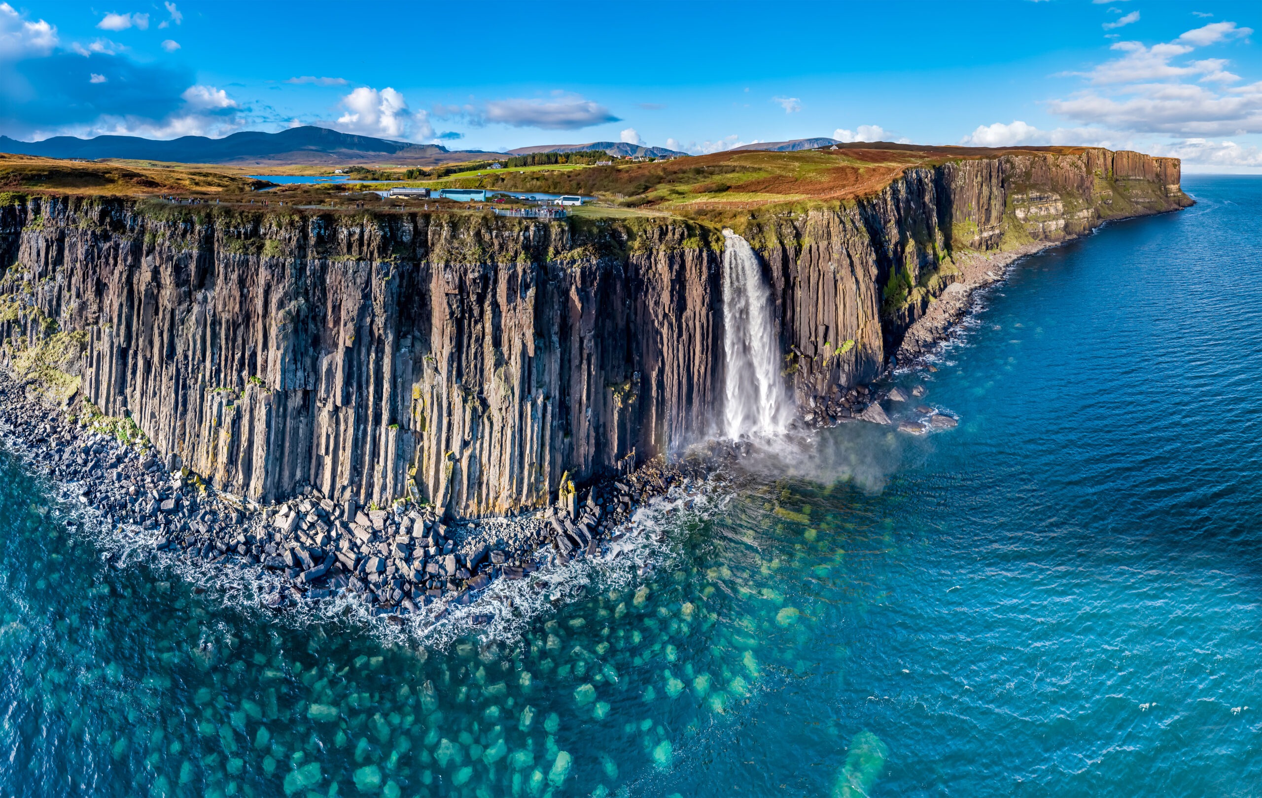 aerial view of Kilt Rock waterfall Isle of Skye Scotland